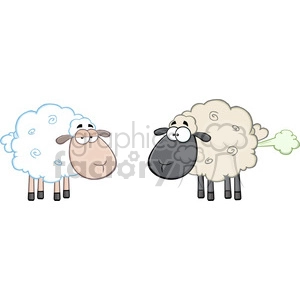 The clipart image features two cartoon sheep with a humorous theme. The sheep on the left is white, with a fluffy wool coat decorated with swirl patterns, droopy ears, and it's depicted with a slightly tired or bored expression. The sheep on the right is beige with a similar fluffy coat and swirls, has wide-eyed, and appears surprised or embarrassed. Adding a comedic effect, this second sheep has a green cloud indicating it is passing gas.