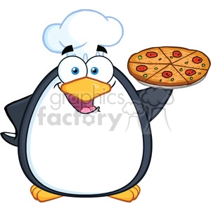 The clipart image depicts a cartoon penguin wearing a chef's hat and holding a pizza. The penguin appears to be in a joyous mood, suggested by its wide-open smiling beak and playful eyes.