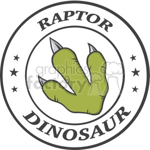 This is a clipart image featuring a stylized representation of a dinosaur footprint with three clawed toes inside a circular emblem. Around the perimeter of the circle, the word RAPTOR is placed at the top and DINOSAUR at the bottom. There are also decorative stars around the circle.
