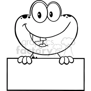 The clipart image features a black-and-white outline of a cartoon frog with exaggerated, large eyes and a wide, smiling mouth, showing teeth. The frog is leaning on a blank sign, with its hands gripping the top edge of the sign. The sign has ample space for adding text or other graphical content.