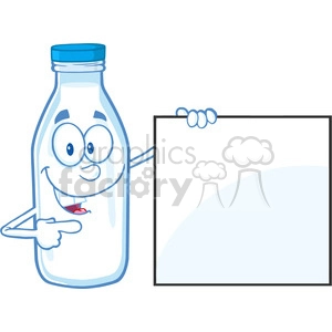 Royalty Free RF Clipart Illustration Smiling Milk Bottle Character Showing A Blank Sign