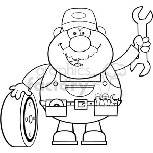 8552 Royalty Free RF Clipart Illustration Black And White Smiling Mechanic Cartoon Character With Tire And Huge Wrench Vector Illustration Isolated On White