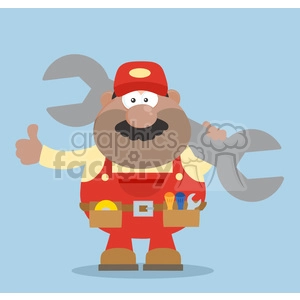 8551 Royalty Free RF Clipart Illustration African American Mechanic Cartoon Character Holding Huge Wrench And Giving A Thumb Up Flat Syle Vector Illustration