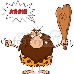 The clipart image features a cartoon caveman who looks angry or annoyed. He is holding a large club in one hand, and the other hand is clenched in a fist. The character is wearing a typical caveman outfit, which looks like a garment made from a spotted animal hide. Above the caveman is a speech bubble with the word ARGH! indicating his frustration or aggression.