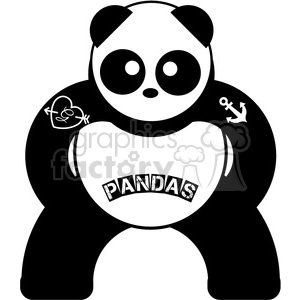 This image contains a stylized black and white clipart of a panda with the word PANDAS written across its belly. The panda has notable tattoo-like symbols on its arms: a heart with an arrow on one arm and an anchor on the other arm.