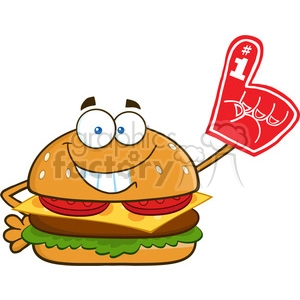 The image is a cartoon illustration of a smiling cheeseburger with anthropomorphic features. It has googly eyes and a big, cheerful smile showing teeth. The cheeseburger is holding a red foam finger with the #1 symbol on it. The burger itself looks to contain a sesame seed bun, cheese, tomato, and lettuce.
