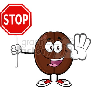 illustration cute coffee bean cartoon mascot character gesturing and holding a stop sign vector illustration isolated on white