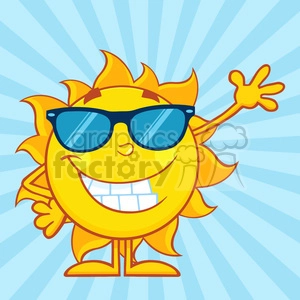 smiling sun cartoon mascot character with sunglasses waving for greeting vector illustration in blue background