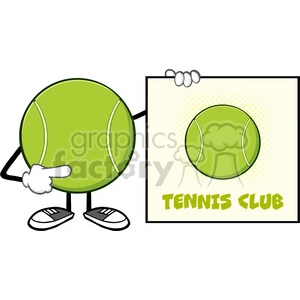 tennis ball faceless cartoon mascot character pointing to a sign tennis club vector illustration isolated on white background