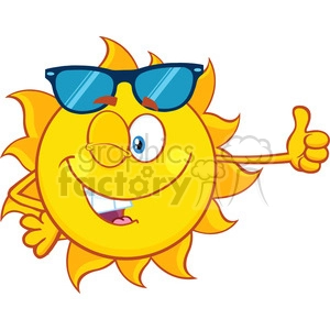 smiling sun cartoon mascot character with sunglasses giving the thumbs up vector illustration isolated on white background
