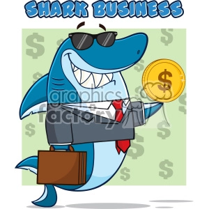 The clipart image depicts a cartoon character that is an anthropomorphized shark. The shark has a business-like appearance, wearing sunglasses, a tie, and a suit, and is holding a briefcase in one fin, symbolizing a business theme. In its other fin, it is holding a large gold coin with a dollar sign on it, indicating an association with money or possibly cryptocurrency like Bitcoin, given the context provided by the keywords.
