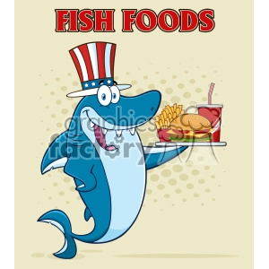 The clipart image features a cartoon shark character wearing a hat with red and white stripes and blue with white stars, reminiscent of the United States flag. The shark has a big smile and is holding a tray with fast food items - a burger, a cup of soda with a straw, and a portion of French fries. In the background, there's the text FISH FOODS in bold, red lettering. The overall theme is humorous and playful, drawing on the conceptual pun of a shark serving fish foods that are typical American fast food items, rather than seafood.