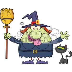 Happy Witch Cartoon Mascot Character Holding A Broom With Black Cat Vector