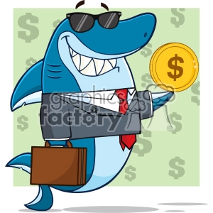 The image depicts a humorous cartoon character of a shark dressed in business attire, complete with a tie and sunglasses. It is holding a gold coin emblazoned with a dollar sign and carrying a brown briefcase, commonly representing business and finance themes. The background is light green with dollar signs scattered around, further emphasizing the money-related aspect of the character. The image appears to playfully merge the concept of a shark, often used metaphorically to describe aggressive businesspeople, with literal financial symbols.