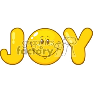 The clipart image shows the word Joy designed with each letter having a glossy, cartoonish look. The O is replaced with a smiley face that embodies joy, aligning with the word itself. The colors are bright and cheerful, with a predominantly yellow color scheme, which often represents happiness and positivity.