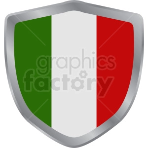 The image depicts a shield-shaped emblem with the design of the Italian flag. The flag is divided into three vertical stripes of equal size with green on the left, white in the center, and red on the right.