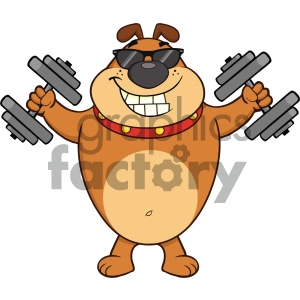 This clipart image depicts a cartoon bulldog standing upright, wearing sunglasses and a collar, and holding a dumbbell in each hand. The dog appears cheerful and is smiling broadly, giving off a vibe of being cool and confident while engaging in fitness or exercise activity.