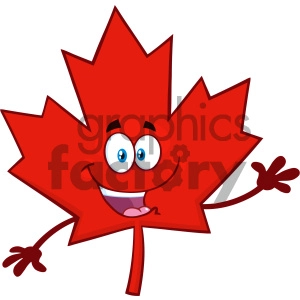 Royalty Free RF Clipart Illustration Happy Canadian Red Maple Leaf Cartoon Mascot Character Waving For Greeting Vector Illustration Isolated On White Background