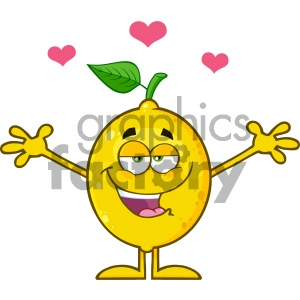 Royalty Free RF Clipart Illustration Happy Lemon Fresh Fruit With Green Leaf Cartoon Mascot Character With Hearts And With Open Arms For Hugging Vector Illustration Isolated On White Background