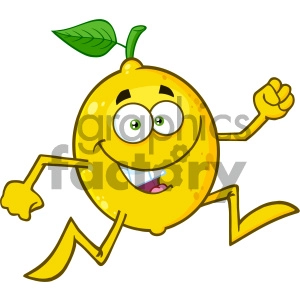 Royalty Free RF Clipart Illustration Healthy Yellow Lemon Fresh Fruit With Green Leaf Cartoon Mascot Character Running Vector Illustration Isolated On White Background