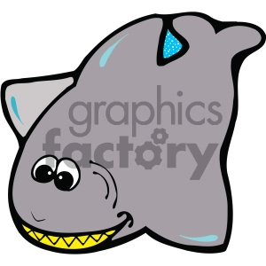 The clipart image features a cartoon shark. The shark is stylized with a friendly appearance, having big, round eyes and a smile showing its teeth. Characteristic features such as the dorsal fin and tail fin are visible, along with a few splashes of color accents on its body that probably indicate reflections of light on the shark's skin.