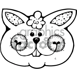 This image is a simple black and white line drawing of a rabbit's face. It features large round eyes with speckled details, a small triangular nose, and large ears with spotted inner markings. A flower-like shape appears on the forehead between the ears.