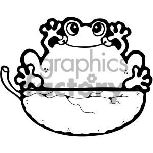 The image shows a black-and-white clipart of a frog. The frog has large, prominent eyes, and its limbs are spread out in a relaxed posture as if it's sitting.