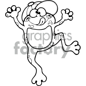 The image shows a black and white line drawing of a cartoon frog. The frog has a comical and exaggerated expression with big, bulging eyes, a wide-open mouth, and its tongue sticking out. It is jumping or leaping with limbs outstretched and appears to be very happy or excited.
