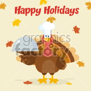 Turkey Chef Cartoon Mascot Character Holding A Cloche Platter Vector Illustration Flat Design Over Background With Autumn Leaves And Text Happy Holidays