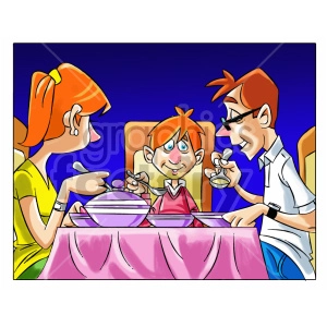 The clipart image depicts a family of three – presumably a mother, father, and their child – enjoying a meal together. The child appears to be a young boy with red hair, sitting at the center of the table. He is wearing a red shirt and has a joyful expression on his face. To his left, there is a woman with orange hair tied back with a yellow hairband, wearing a yellow top, holding a spoon, and looking at the child with a smile. To the right of the boy is a man with reddish-brown hair and glasses, wearing a white shirt with rolled-up sleeves, holding a cup to his mouth. The family is seated at a dining table covered with a pink tablecloth. A serving dish is placed on the table in front of them, suggesting they are in the middle of a meal. The background is a simple blue, focusing the attention on the family scene.