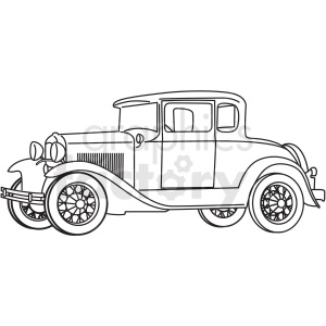 The clipart image depicts a classic vintage car, reminiscent of early 20th-century automobile designs such as the Model T or a 1931 vehicle. Key features include the large spoked wheels, the running boards along the sides, an upright grille, and the distinctive round headlamps. The image showcases the car in profile, providing a clear view of its exterior. 