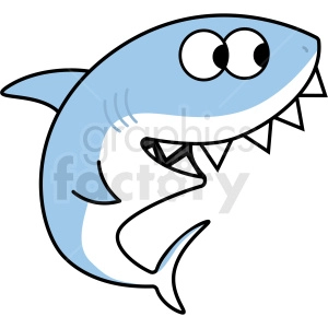 The image is a simple cartoon representation of a blue shark with rounded features. It appears to be smiling and has large, prominent eyes, giving it a friendly appearance. The shark has a streamlined body typical of sea life, with a dorsal fin, pectoral fins, and a tail fin. Its mouth is open, displaying a row of pointed teeth, and it has gill slits on the sides of its body, characteristic of fish. The blue color of the shark suggests it is inspired by the popular Baby Shark theme.