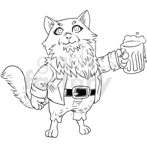The image is a black and white clipart drawing of an anthropomorphic cat standing on two legs. The cat has a happy expression, wide eyes, and is holding up a mug of beer with foam on top, as if toasting or cheering. The cat is wearing a jacket with rolled-up sleeves, trousers with a belt and a large buckle. The drawing style is cartoonish, and it seems designed for casual or humorous content.