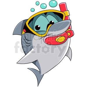 The clipart image depicts a cartoon representation of a baby shark. The shark is gray with white underbelly, and it is wearing yellow diving goggles with a snorkel attached. There are also bubbles implying that the shark is underwater.