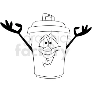 black and white cartoon trash can character