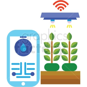 The clipart image depicts a smart agriculture concept. It shows a mobile phone with a water droplet and circuit design on its screen, suggesting a mobile app interface for irrigation control. Above the plants, there is a device with a wifi signal, indicating it's a wireless-enabled irrigation system. Two plants or hemp-like illustrations are being watered by this system, representing organic farming practices.