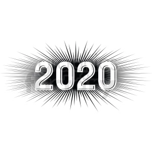 The image features a bold, stylized rendering of the year 2020 with the numbers in a large font and sharply contrasted with radiating lines emanating from the center, suggesting a burst or explosion of light.