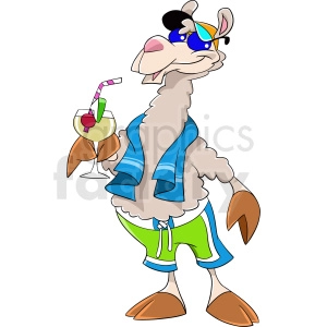 This clipart image features an anthropomorphic llama character enjoying a vacation at the beach. The llama is wearing sunglasses, a blue unbuttoned Hawaiian shirt, and green swim shorts with white and blue trim. It's also holding a tropical cocktail with a straw and fruit garnish.