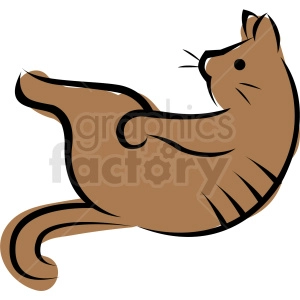 The image is a simple and stylized clipart of a brown cat posed in what appears to be a yoga maneuver, possibly resembling the Happy Baby posture but in a playful and humorous cat adaptation.