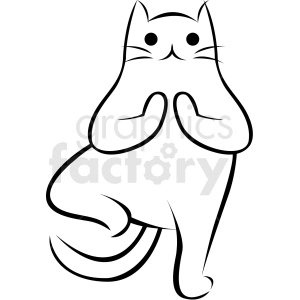 This is a black and white clipart image of a cat standing upright in a meditative pose with its paws together in a gesture that resembles the Namaste greeting, commonly used in yoga practice. The cat has a serene facial expression, simplistically conveyed through minimalist features.