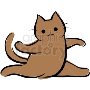 The image is a simple clipart illustration of a brown cat performing a yoga pose. The cat has a pleasant expression on its face, upright ears, whiskers, and a tail that curls upward.