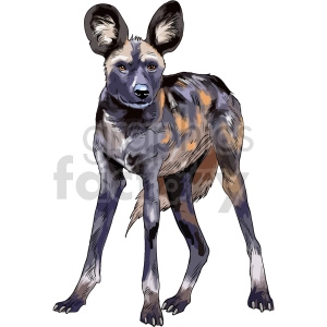 This clipart image features a stylized representation of a hyena standing and looking slightly to the side. The hyena has characteristic large ears, a mane of hair running along its neck, and a coat patterned with shades of grey, brown, and tan which mimic its natural camouflage pattern.