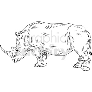 The image is a black and white clipart of a rhinoceros. The rhinoceros is standing in profile with its characteristic horn visible on its nose. The clipart has a sketched, outline style suitable for tattoo designs or coloring activities.