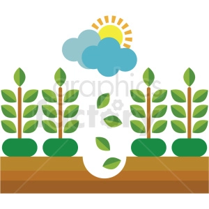 The clipart image depicts a stylized illustration of plants with several green leaves on each stem, growing out of the ground. Above the plants are a sun partially obscured by a cloud, suggesting an outdoor setting. The overall theme of the image suggests it may be related to the organic growth of a plant, possibly hemp due to the keywords provided.