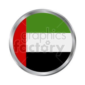 The image depicts a round button or badge that is designed with the colors of the United Arab Emirates (UAE) flag, which are green, white, black, and red. The layout of the colors mimics the design of the actual flag, with the three equal horizontal bands of green, white, and black, and a vertical red band on the hoist side.