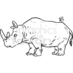 The image is a black and white line drawing of a rhinoceros with a bird perched on its back.