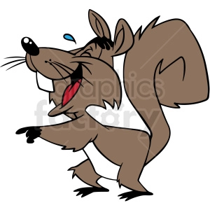 The clipart image features a cartoon squirrel that appears to be laughing. The squirrel has its mouth open wide, showing its red tongue and teeth, with a single teardrop shape above its head, which usually symbolizes laughter in cartoons. Its eyes are closed and it’s leaning slightly backward, with one arm extended, enhancing the impression that it is in the midst of a good laugh.