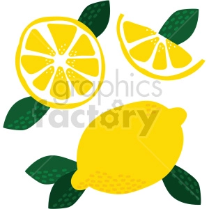 The clipart image depicts lemon fruits in various states: a whole lemon, a cross-section of a lemon revealing the segments, and a single lemon wedge slice. Each lemon graphic is accompanied by green leaves, adding to the representation that they are fresh lemons.