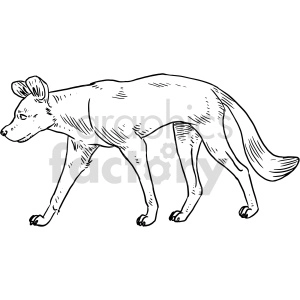 The image is a black and white line drawing or clipart of a dog in profile, walking to the side. The dog has prominent ears, which are standing upright, and a long tail.