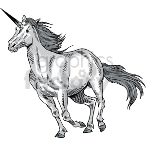 The clipart image features a unicorn. It shows a side view of the mythical creature characterized by its horse-like appearance with a spiraling horn projecting from its forehead.